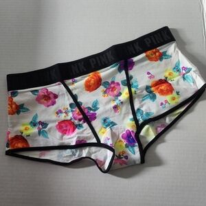 Brand NEW PINK/Victoria's Secret White Floral Boyshorts with Black Trim Sz L